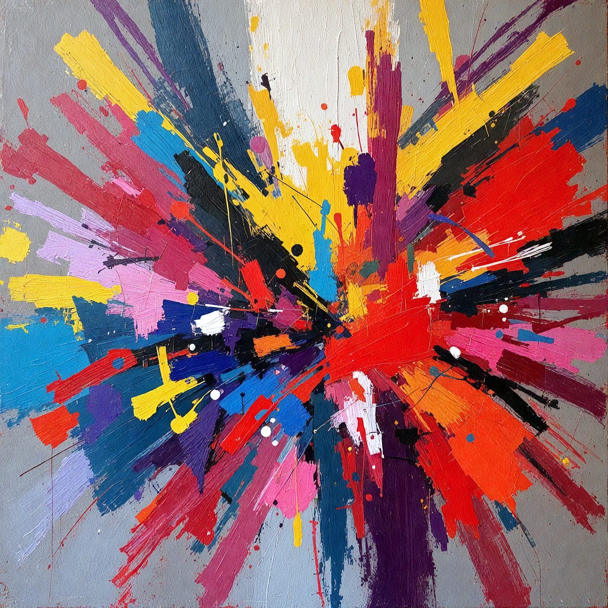 The primary subject of the image is a colorful, abstract painting featuring a mix of bright colors and various shapes. The painting is displayed on a gray surface, which contrasts with the vibrant colors of the artwork. The visual style of the painting is a combination of digital art and illustration, creating a unique and eye-catching piece of art. The dominant colors in the painting are red, blue, and yellow, which contribute to the lively and energetic atmosphere of the artwork.